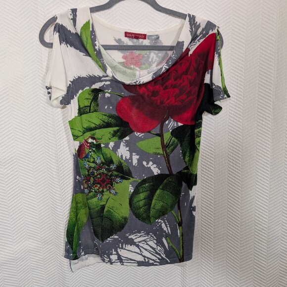 San Francisco Lightweight Knit Floral Print Top Cowl Neck Sleeve Ties Medium - Picture 10 of 12